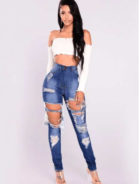 European and American style summer new grind hole jeans trousers feet high waist pants - Trendha