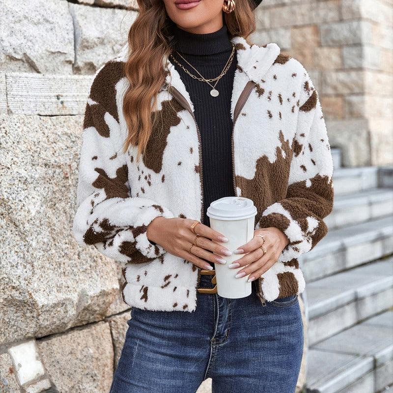 Cow Pattern Wool Cardigan Hooded Sweater Jacket - Trendha