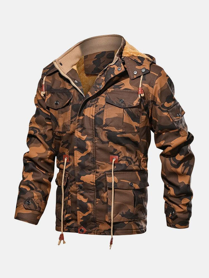 Mens Camouflage Drawstring Waist Hooded PU Leather Jacket - Trendha