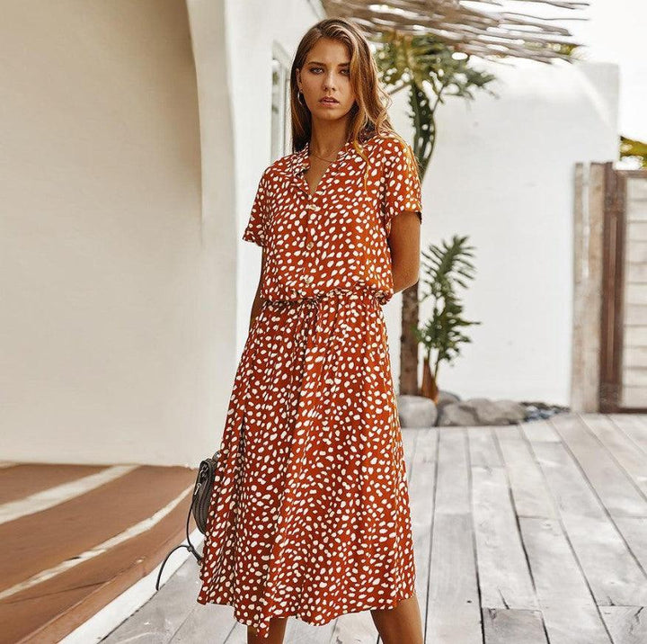 Short-sleeved lace casual elastic waist cotton floral dress - Trendha