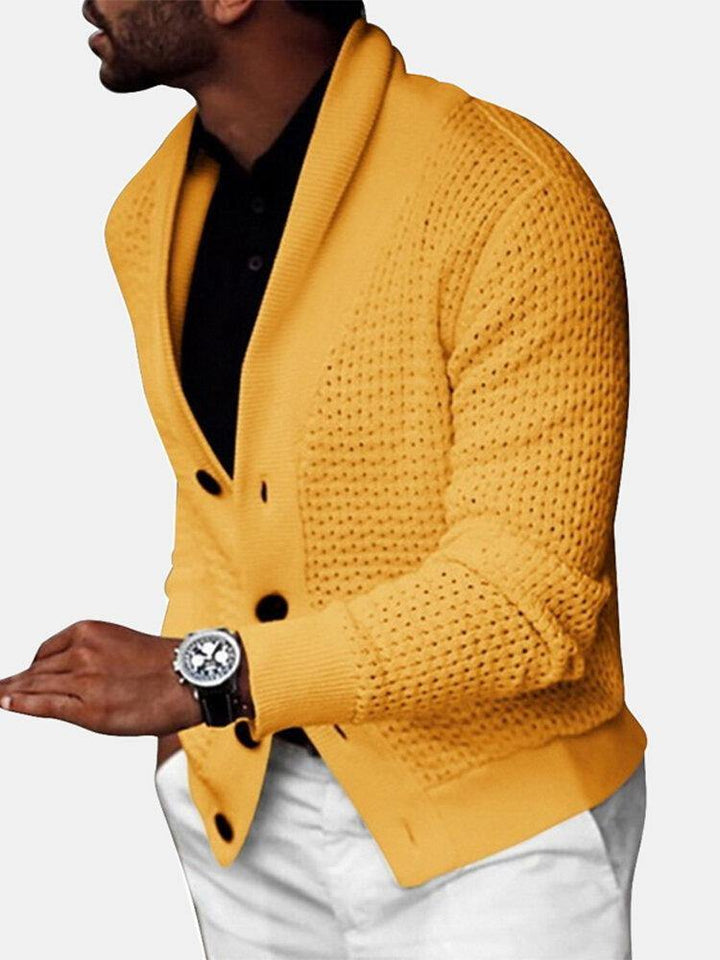 Mens Rib-Knit Hollow Out Button Front Lapel Casual Long Sleeve Cardigans - Trendha