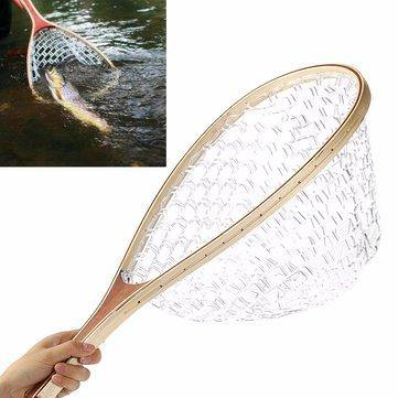 58CM Wooden Handle Fly Fish Fishing Landing Trout Clear Rubber Net Mesh Catch Tackle - Trendha