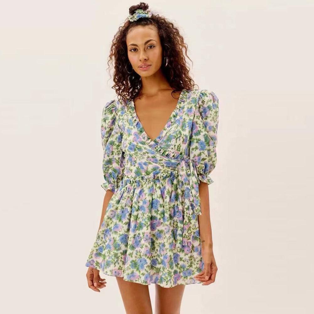 Women Summer Green Floral Chiffon Dresses Holiday Puff Short Sleeve V-Neck Back Lace Up Design Wrap One Piece Dress - Trendha