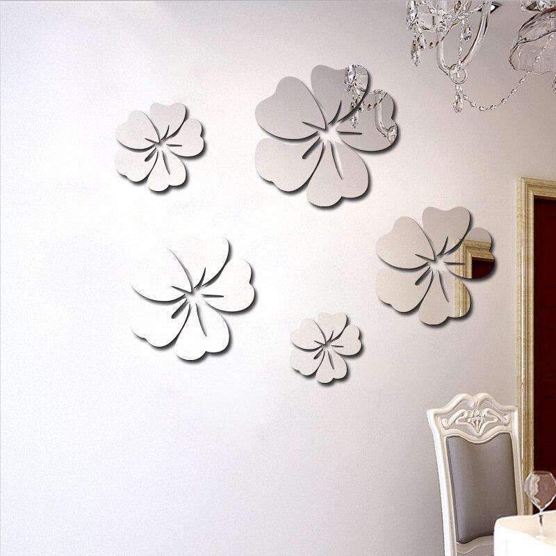 5Pcs Flower Pattern Mirror Sticker Home Decor 3D Decal Art DIY Mural Decal For Living Room Decoration PVC Self Adhesive Poster - Trendha