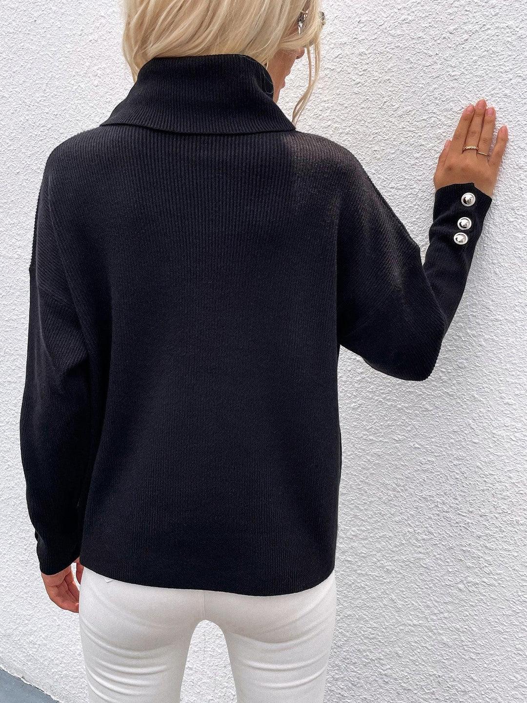 Button Detail Rib-Knit Turtleneck Sweater - Trendha