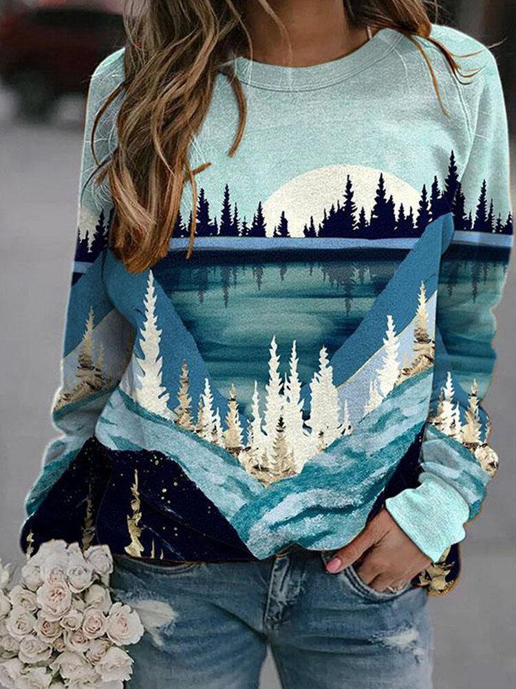 Women Landscape Print Round Neck Raglan Sleeve Casual Sweatshirts - Trendha