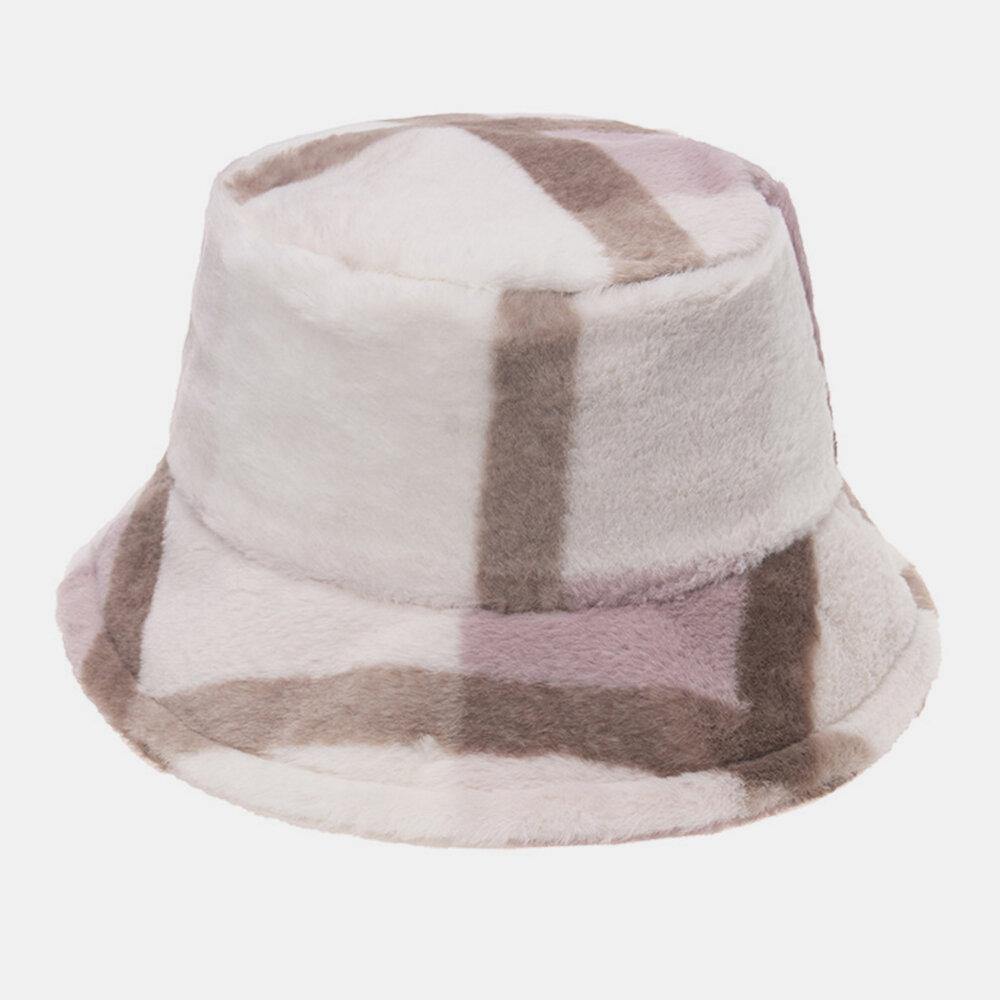 Unisex Rabbit Hair Plaids Pattern Plus Thicken Warm Windproof Soft All-match Travel Bucket Hat - Trendha