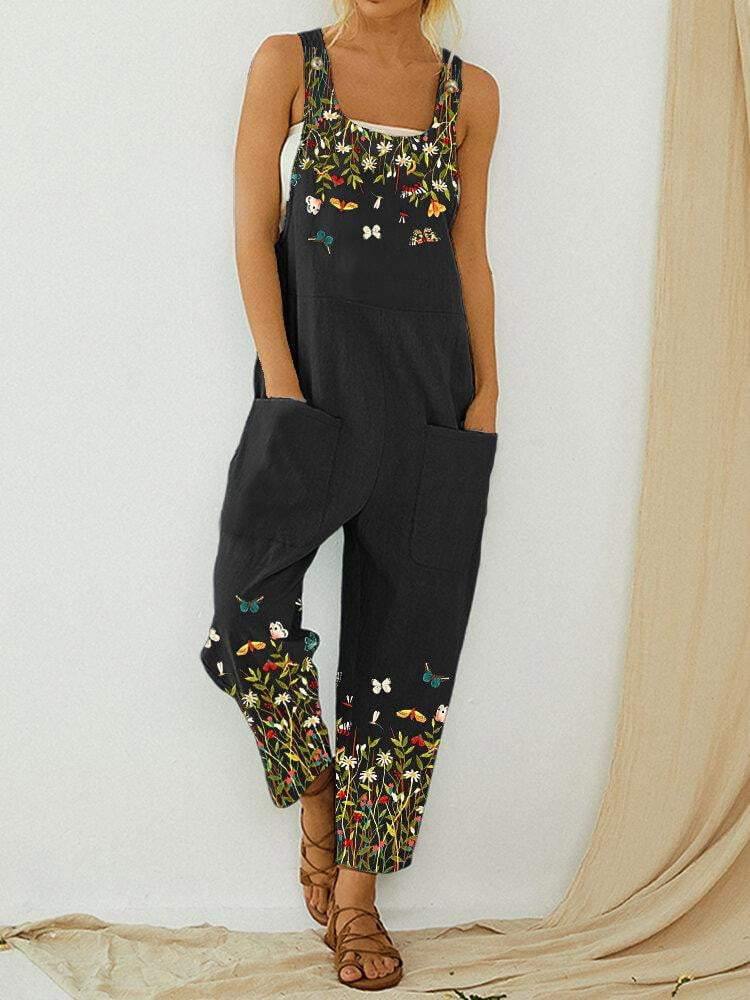 Butterfly Flower Print Strap Button Pocket Casual Jumpsuit Overalls For Women - Trendha