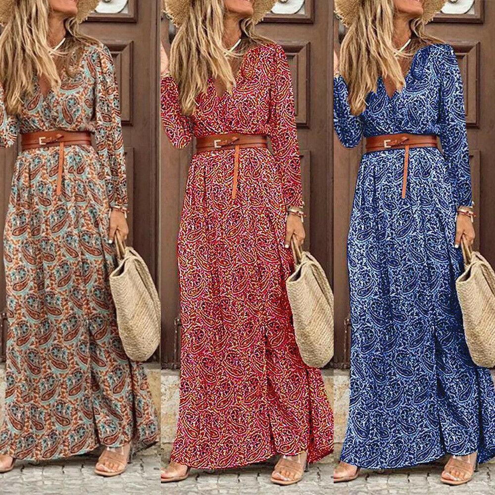 Long Sleeve V-neck Bohemian Floral Dress - Trendha