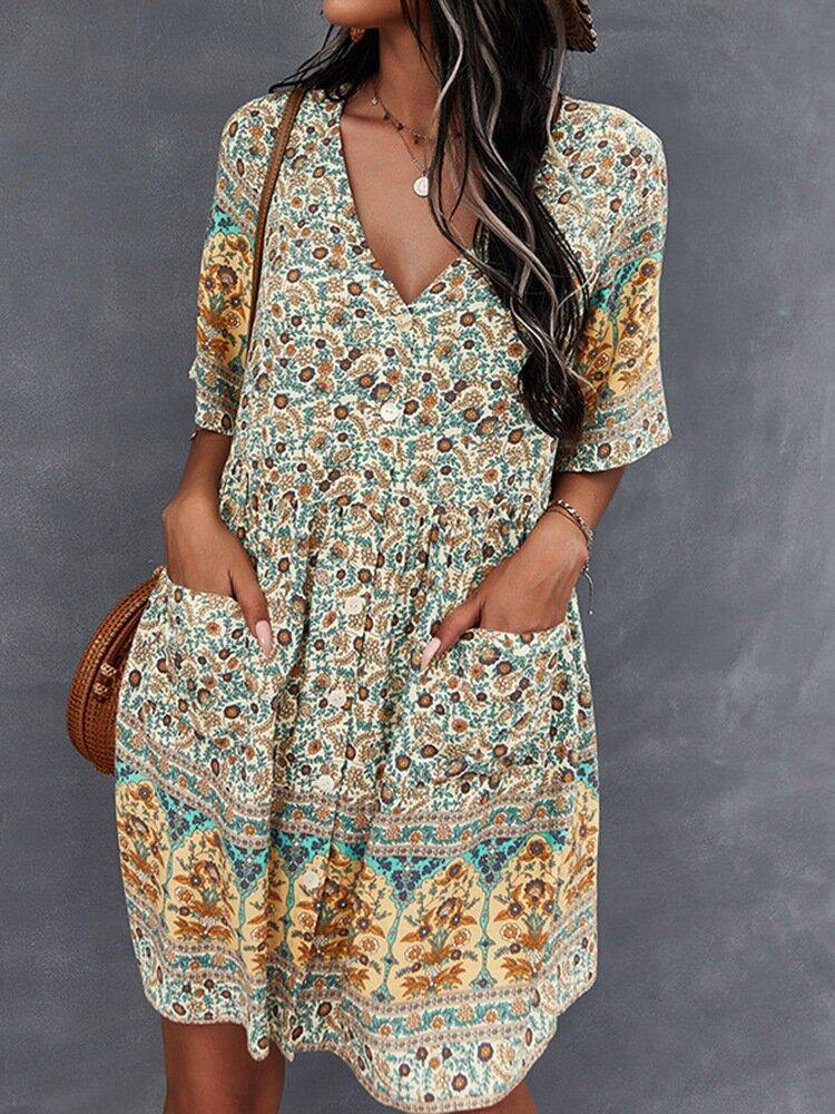 Bohemia Floral Ethnic V-neck Button Short Sleeve Print Dress - Trendha