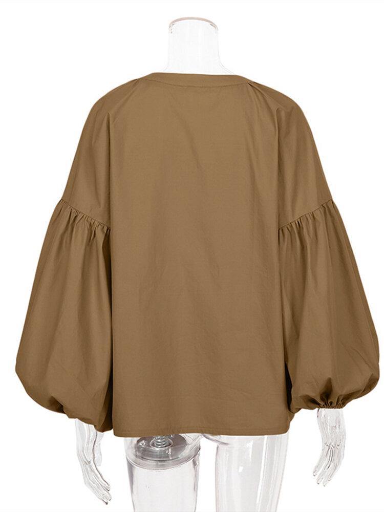 Puff Sleeve Casual Solid Color Button Up O-Neck Pleated Stylish Blouse For Women - Trendha