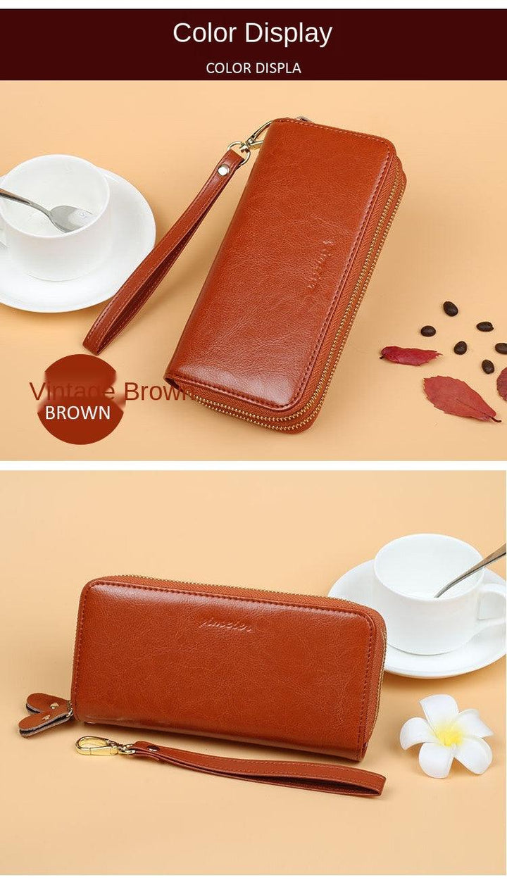 Oil Wax Leather Wallet Women Long Double-layer Zipper Large-capacity Hand Wallet Coin Purse - Trendha