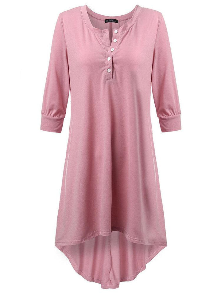 Women Brief Solid Button Irregular Cotton Dress - Trendha