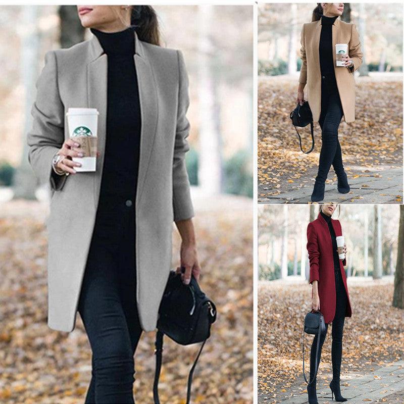 Solid Color Collar Woolen Coat - Trendha