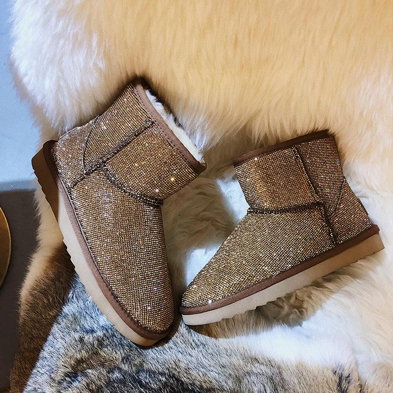Female short boots with rhinestones and full snow boots - Trendha