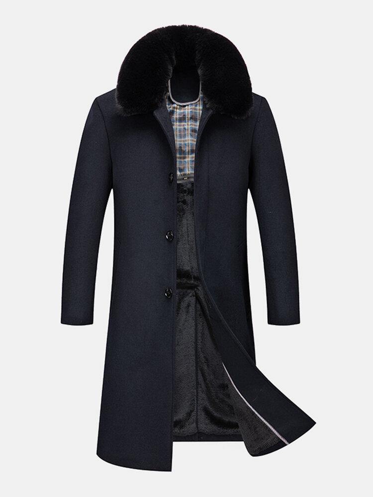 Mens Woolen Removable Collar Thicken Business Mid-Length Warm Overcoat - Trendha