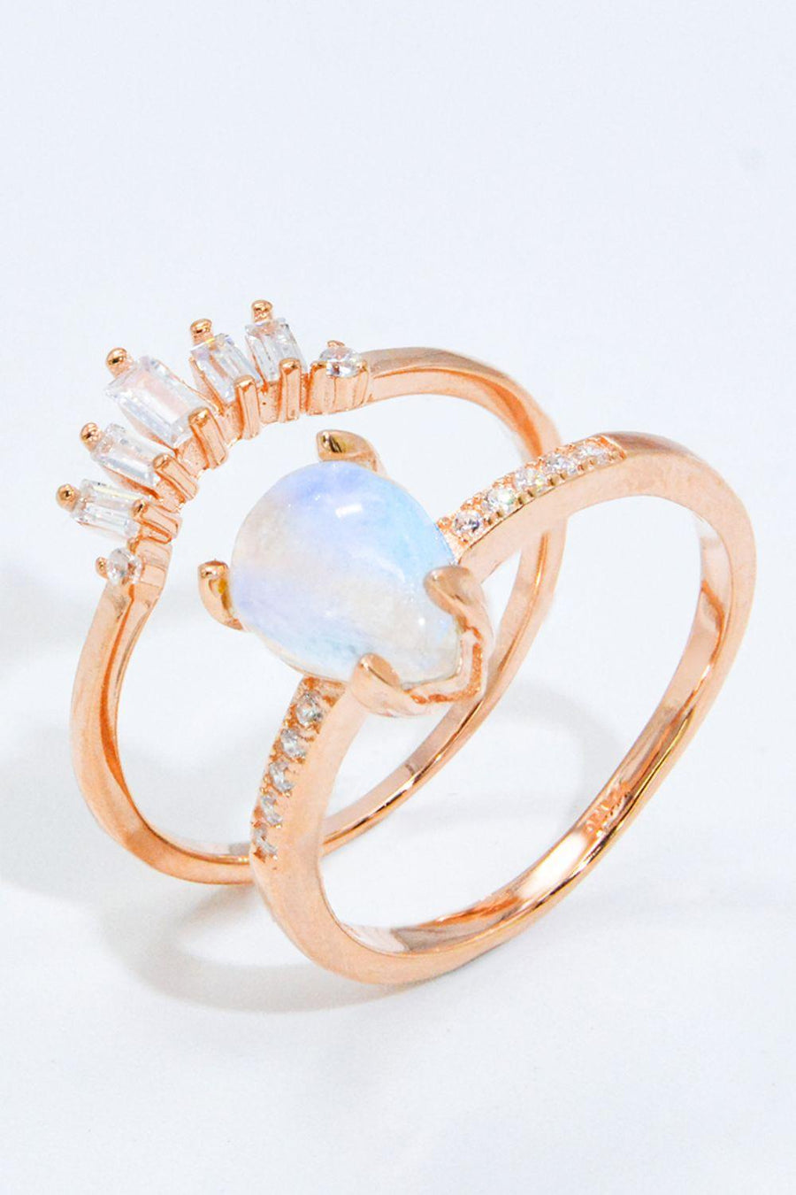 Natural Moonstone and Zircon 18K Rose Gold-Plated Two-Piece Ring Set - Trendha