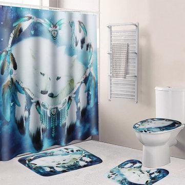 B68916 White Wolf Dream Catcher Bathroom Shower Curtain Lid Toilet Mat Cover Bath Floor Mat - Trendha