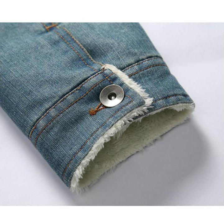 Mens Fashion 100% Cotton Pockets Denim Fleece Thickened Stand Collar Casual Jacket - Trendha