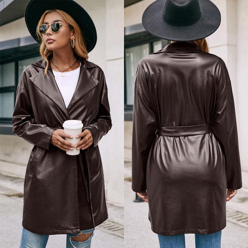 Mid-length Leather Western-lace Slim Long-sleeved Trench Coat - Trendha