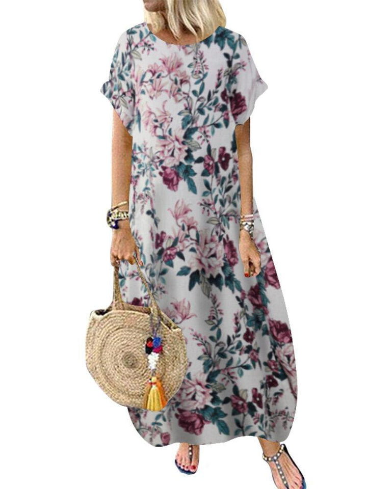 Women 100% Cotton O-Neck Floral Print Leisure Dress With Side Pockets - Trendha