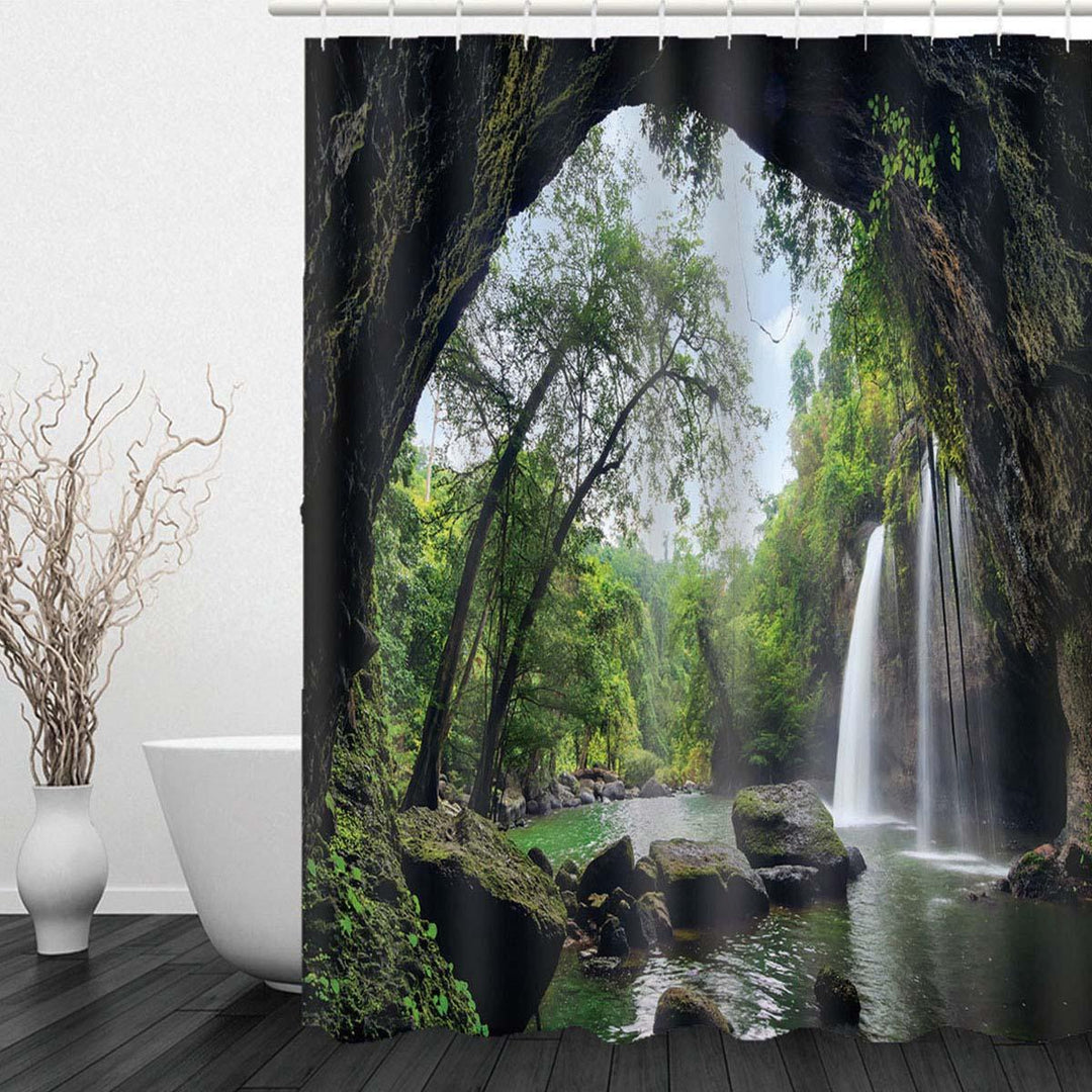Natural Waterfall Shower Curtain Home Carpet Bathroom Decor Toilet Seat Cover Pedestal Bath Mat Rugs Set - Trendha