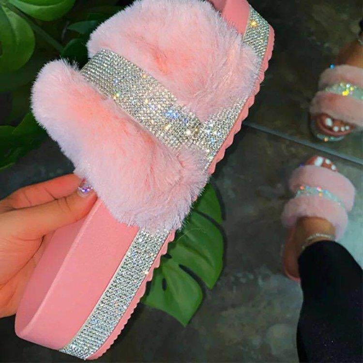 Women Bling Fluffy Slippers Fur Slides Platform Wedges Heel Solid - Trendha
