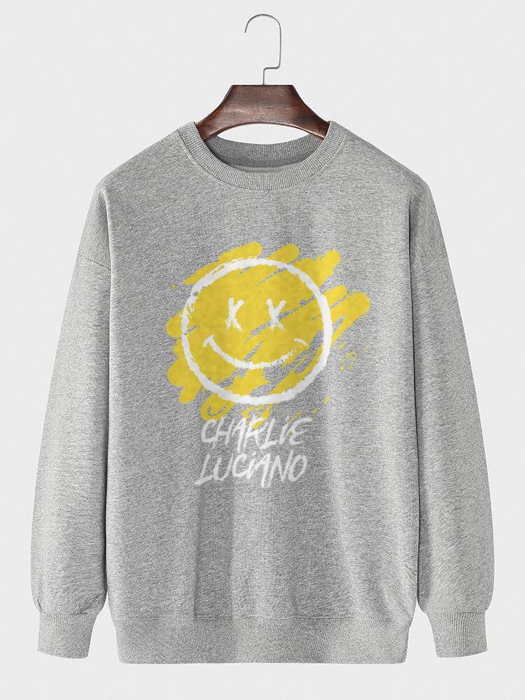 Mens Letter & Graffiti Smile Print Pullover Cotton Long Sleeve Sweatshirts - Trendha