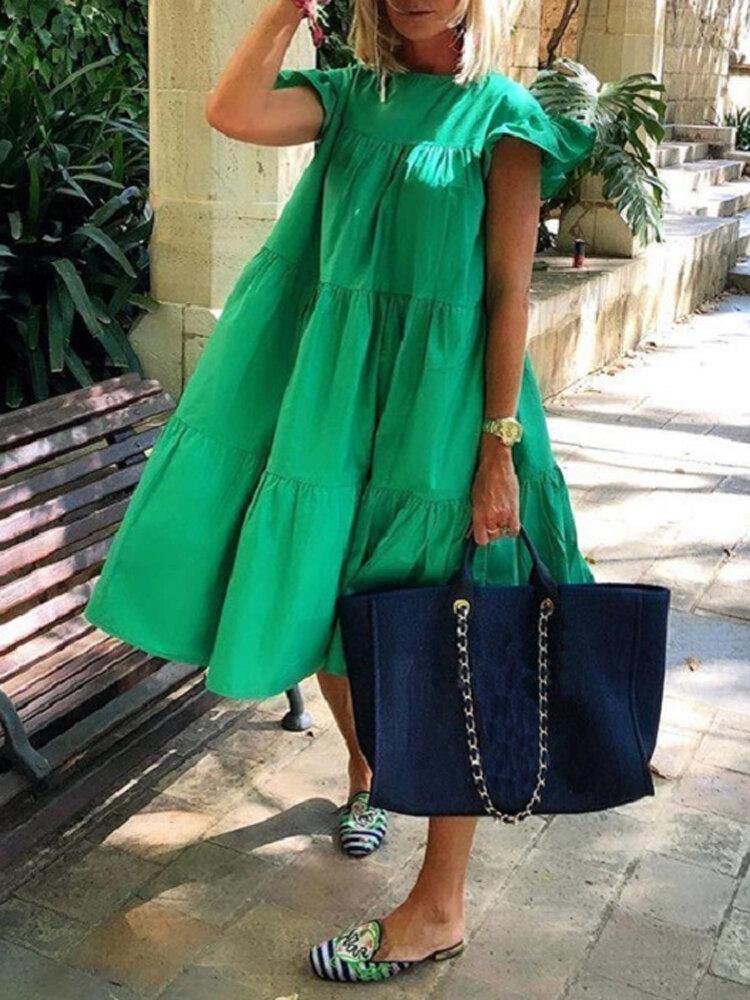 Women Solid Color Loose Ruffles Short Sleeve Casual Midi Dresses - Trendha