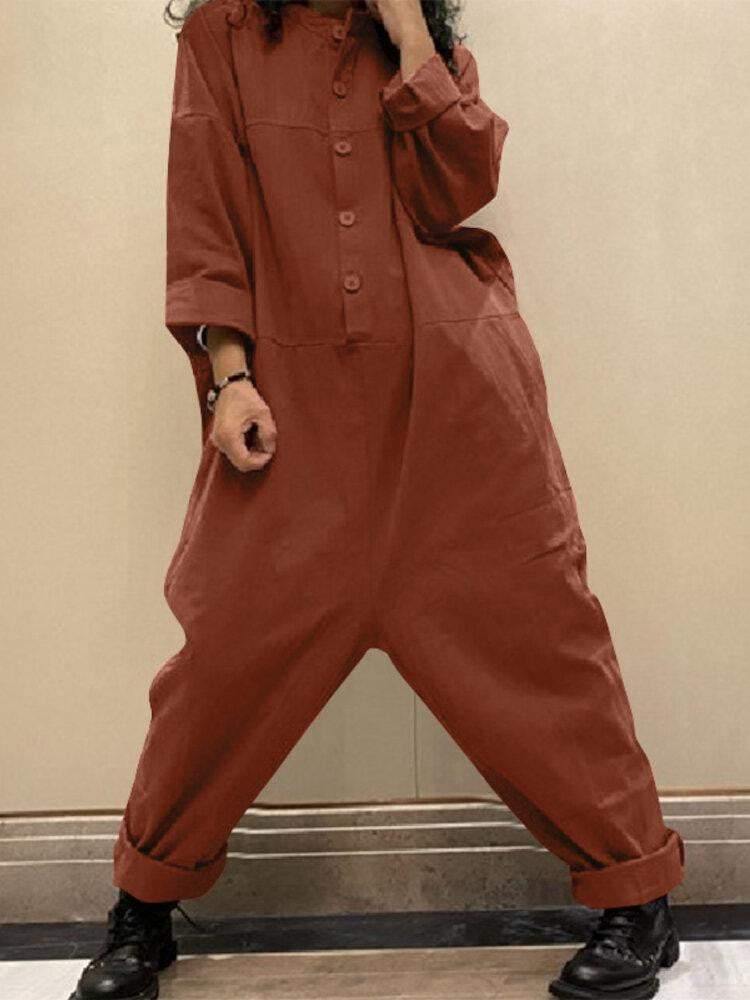 Corduroy Vintage Cargo Jumpsuit for Women - Solid Color Half Button Long Sleeve with Pocket - Trendha