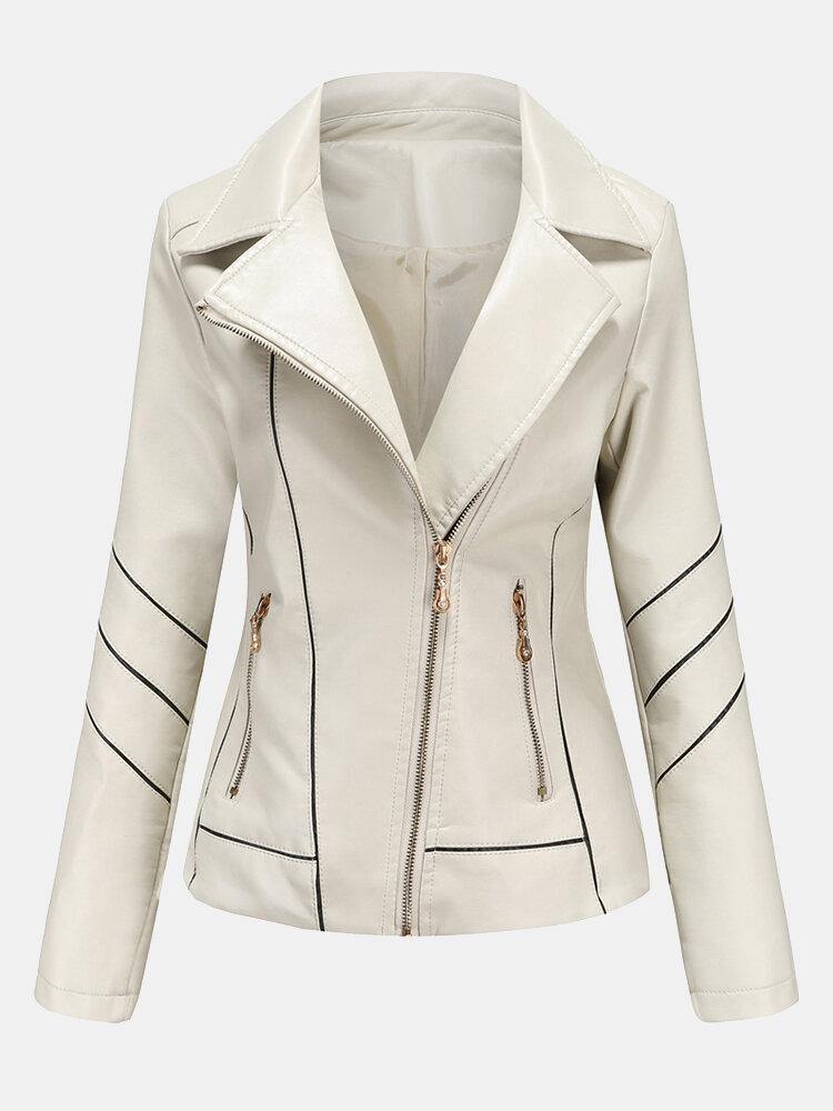Women Solid Color Faux PU Leather Motorcycle Jacket With Pocket - Trendha