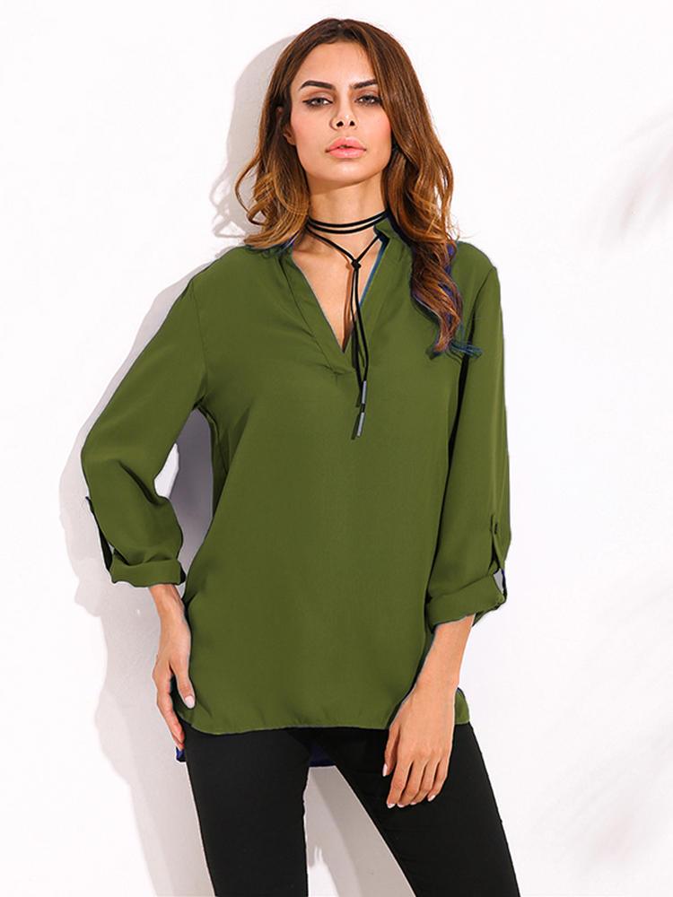 Casual Women Pure Color Adjustable Sleeve V-Neck Blouse - Trendha