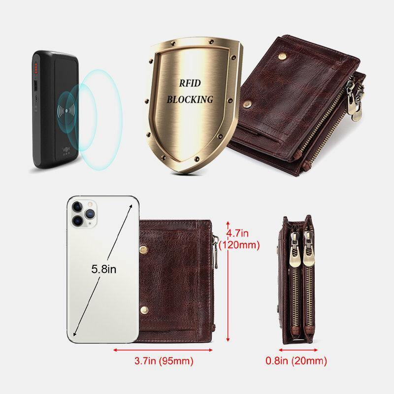 Men Genuine Leather RFID Anti-theft Double Zipper Retro Business Multi Card Slot Leather Card Holder Wallet - Trendha
