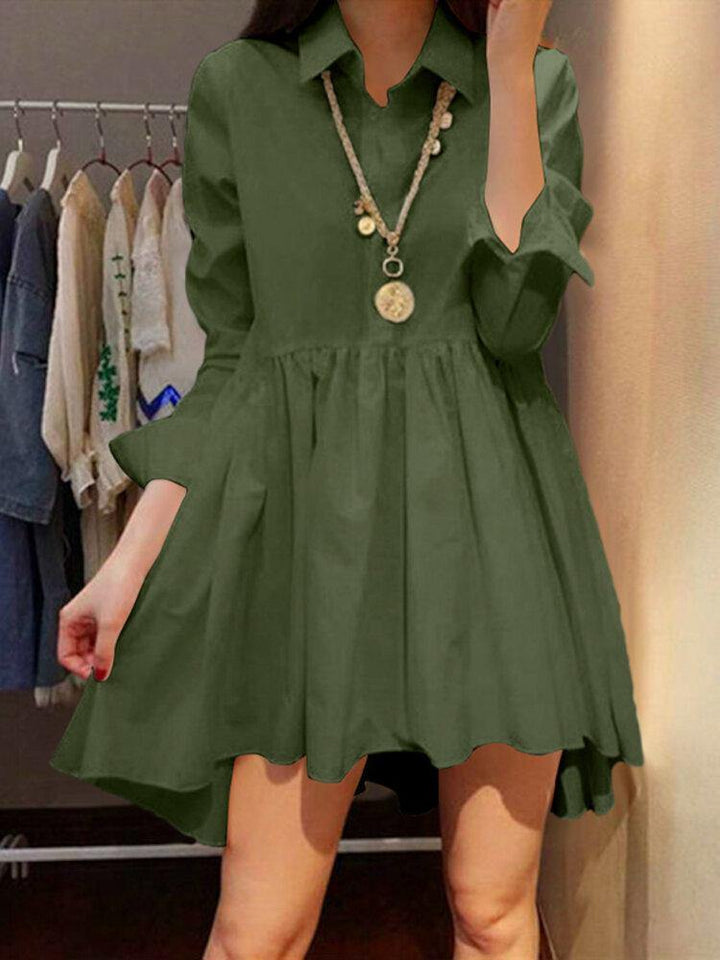 Casual Solid Color Lapel Long Sleeve Button High Low Hem Shirt Dress - Trendha