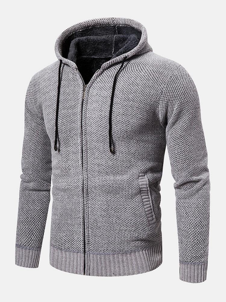 Mens Knitted Zipper Front Solid Color Warm Long Sleeve Hooded Sweater Hoodie Jacket - Trendha