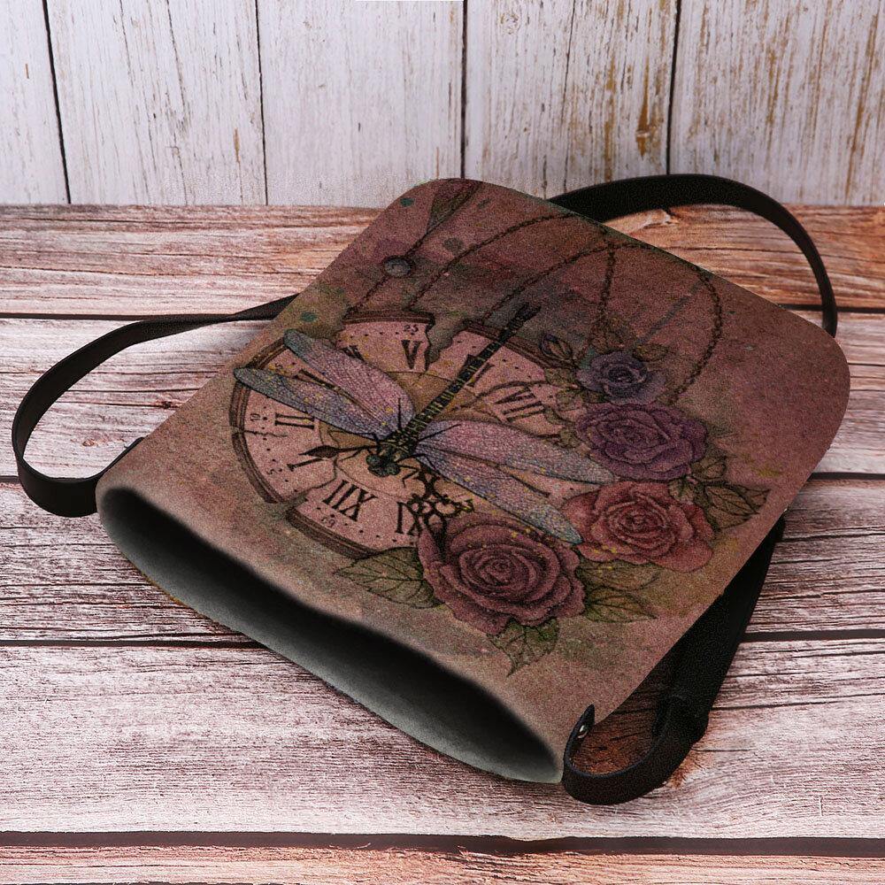 Women Felt Casual Vintage 3D Dragonfly Flower Printing Pattern Crossbody Bag Shoulder Bag - Trendha