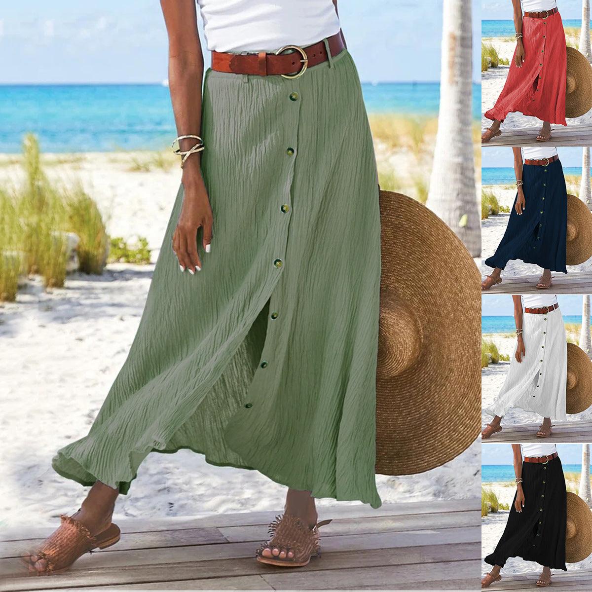 Women's Fashion Cotton Linen A-Line Hip Mid Waist Long Skirt - Trendha