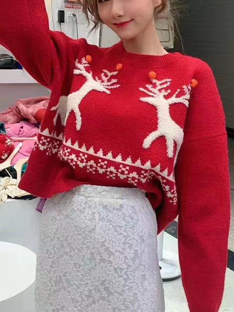 Women Christmas Elk Patch Knitted Crew Neck Drop Shoulder Sweaters - Trendha