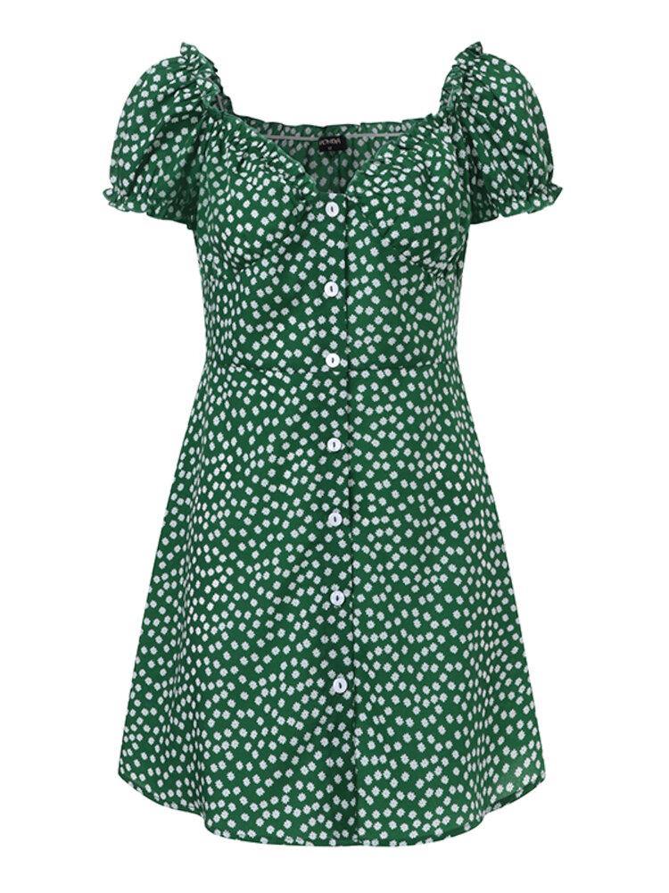 Women Floral Print Ruffles Trim Button Short Sleeve Elegant Mini Dress - Trendha
