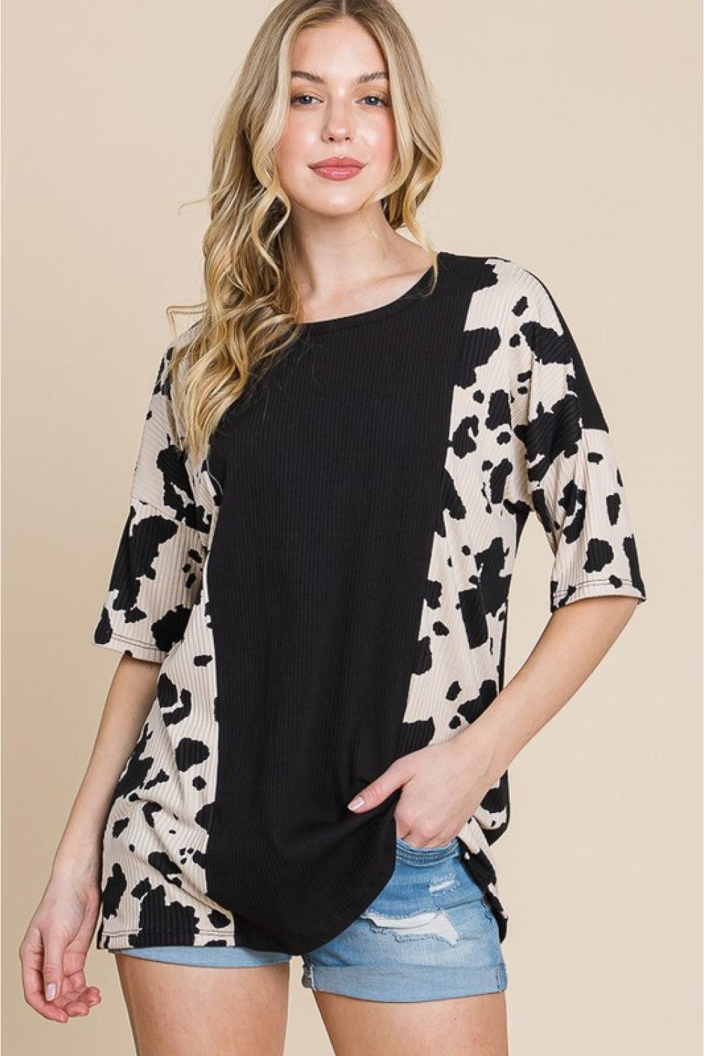 BOMBOM Rodeo Love Ribbed Animal Contrast Tee - Trendha