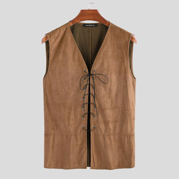 Mens Vintage V Neck Drawstring Solid Color Casual Vest - Trendha