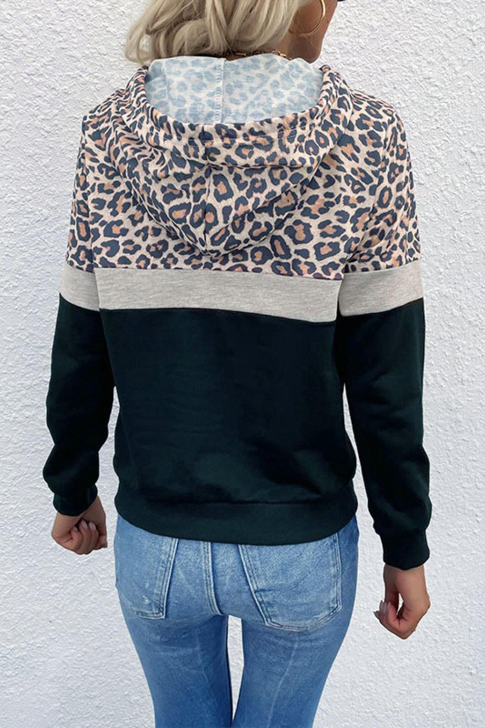 Leopard Color Block Long Sleeve Drawstring Hoodie - Trendha