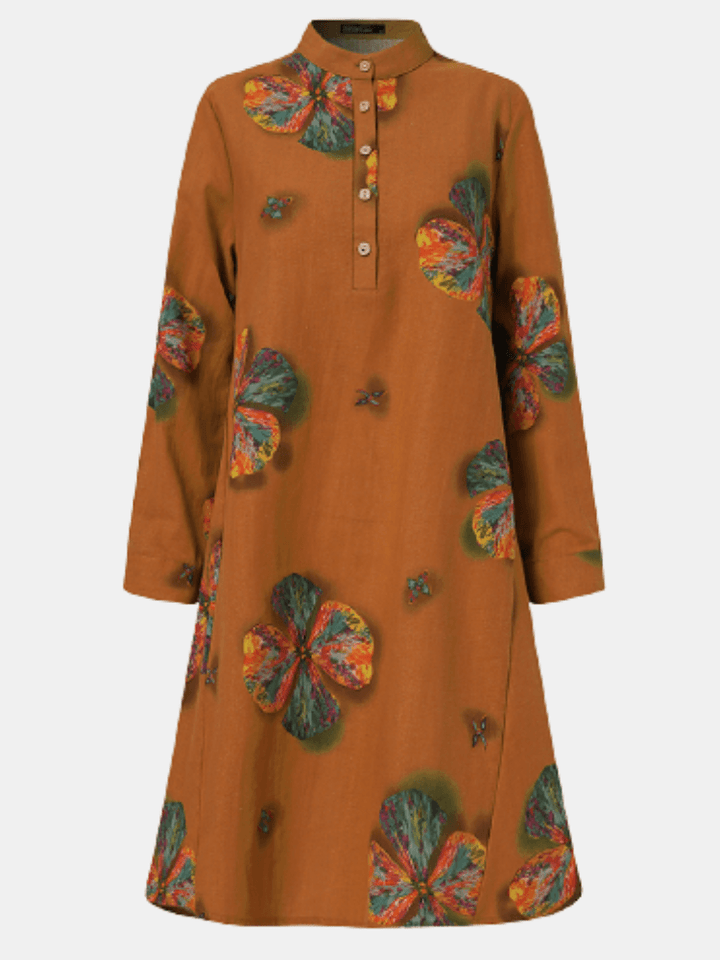 Women Cotton Button Vintage Print High-Low Hem Retro Shirt Dress - Trendha