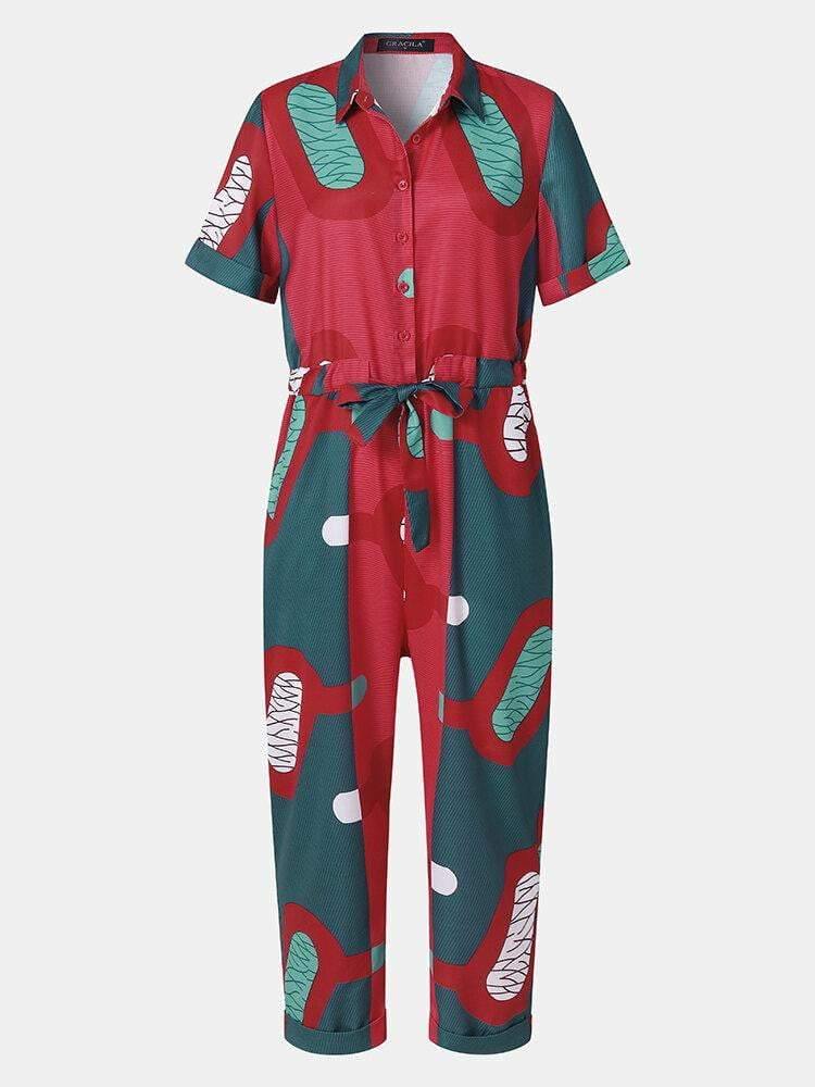 Vintage Printed Knotted Button Pocket Lapel Collar Jumpsuit - Trendha