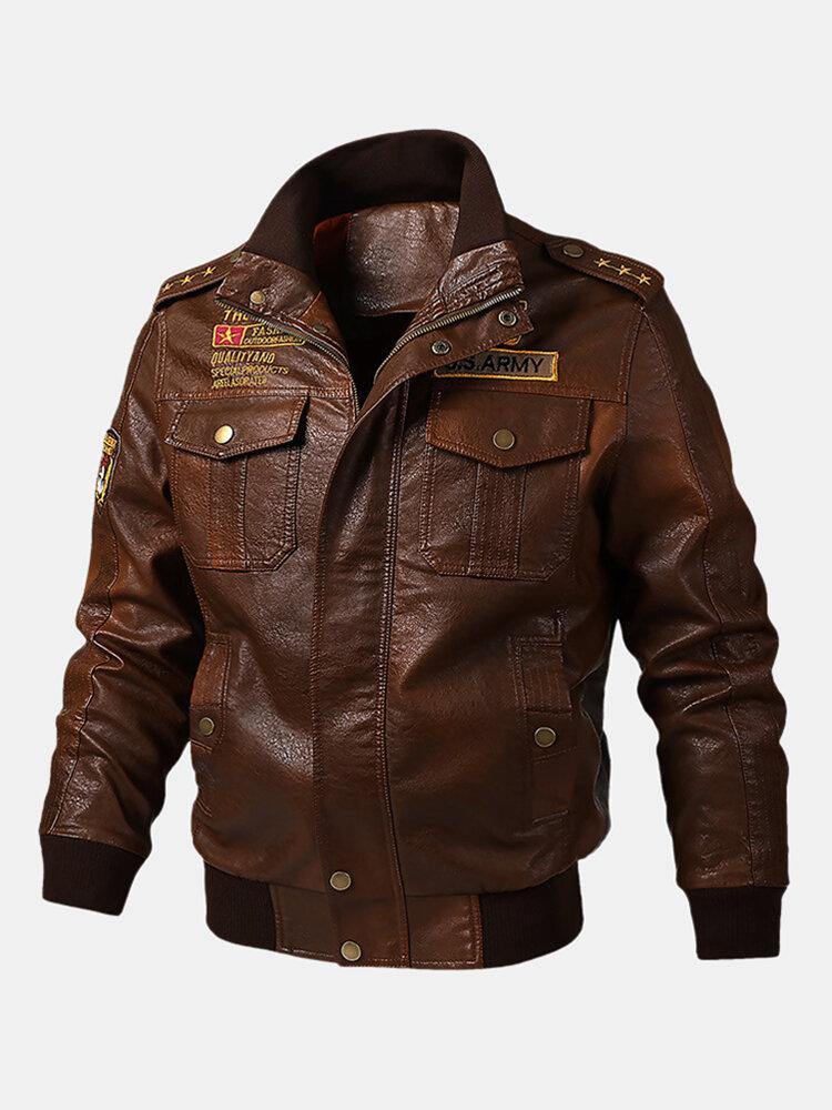Mens PU Leather Badge Zip Front Biker Jackets With Flap Pockets - Trendha