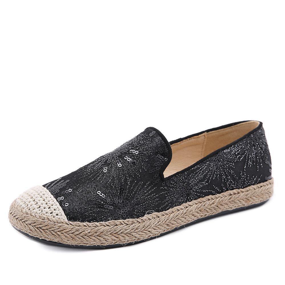 Women Casual Sequined Flowers Pattern Espadrille Flats Loafers - Trendha