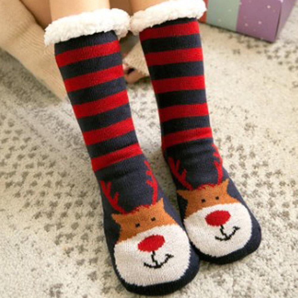 Women Warm Winter Outdoor Christmas Style Santa Claus Elk Pattern Plus Velvet Thicken Home Sleep Socks Tube Socks - Trendha