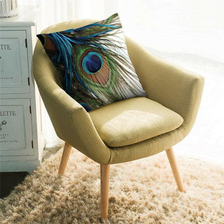 Linen Cushion Cover Peacock Feather Throw Pillow Case Home Sofa Cover - Trendha