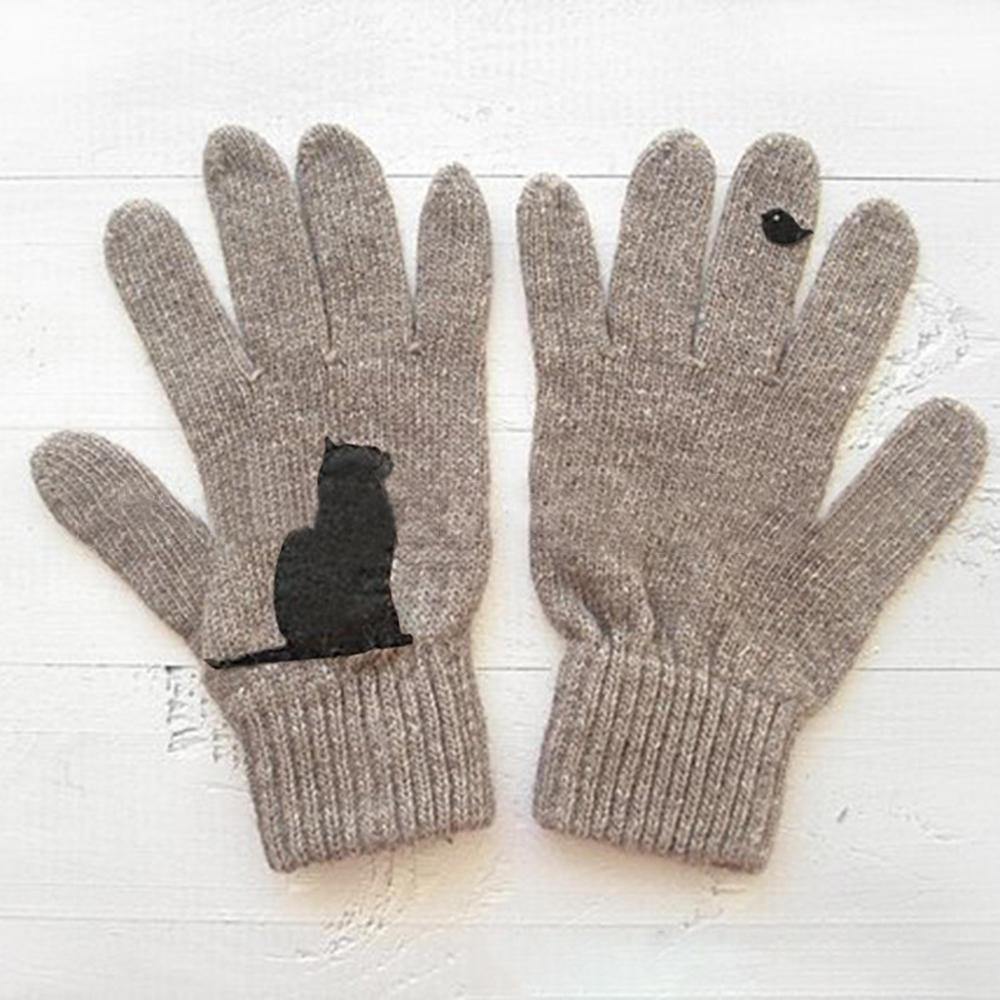 Women's Wool Gloves Autumn Winter Outdoor Warm Cold Padded Cat Bird Print Glove - Trendha