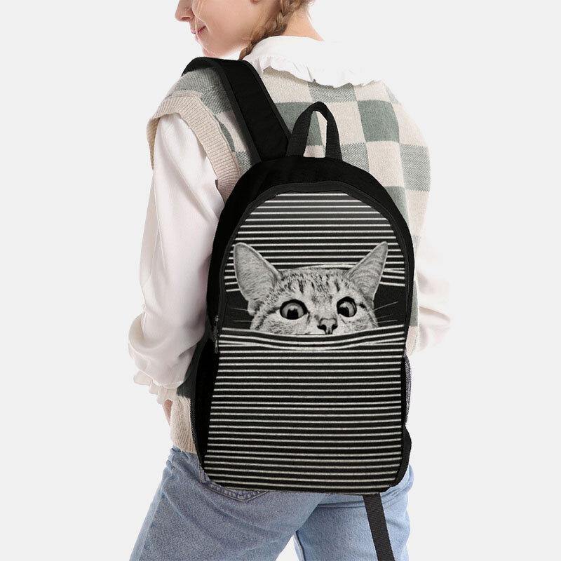 Women Oxford Cloth Large Capacity Cartoon Cat Stripe Pattern Printing Backpack - Trendha